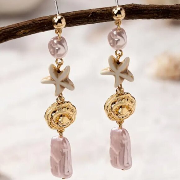 NWT Gold Starfish & Pearl Dangle Earrings beachy boho Coastal Jewelry Gift - Picture 1 of 8